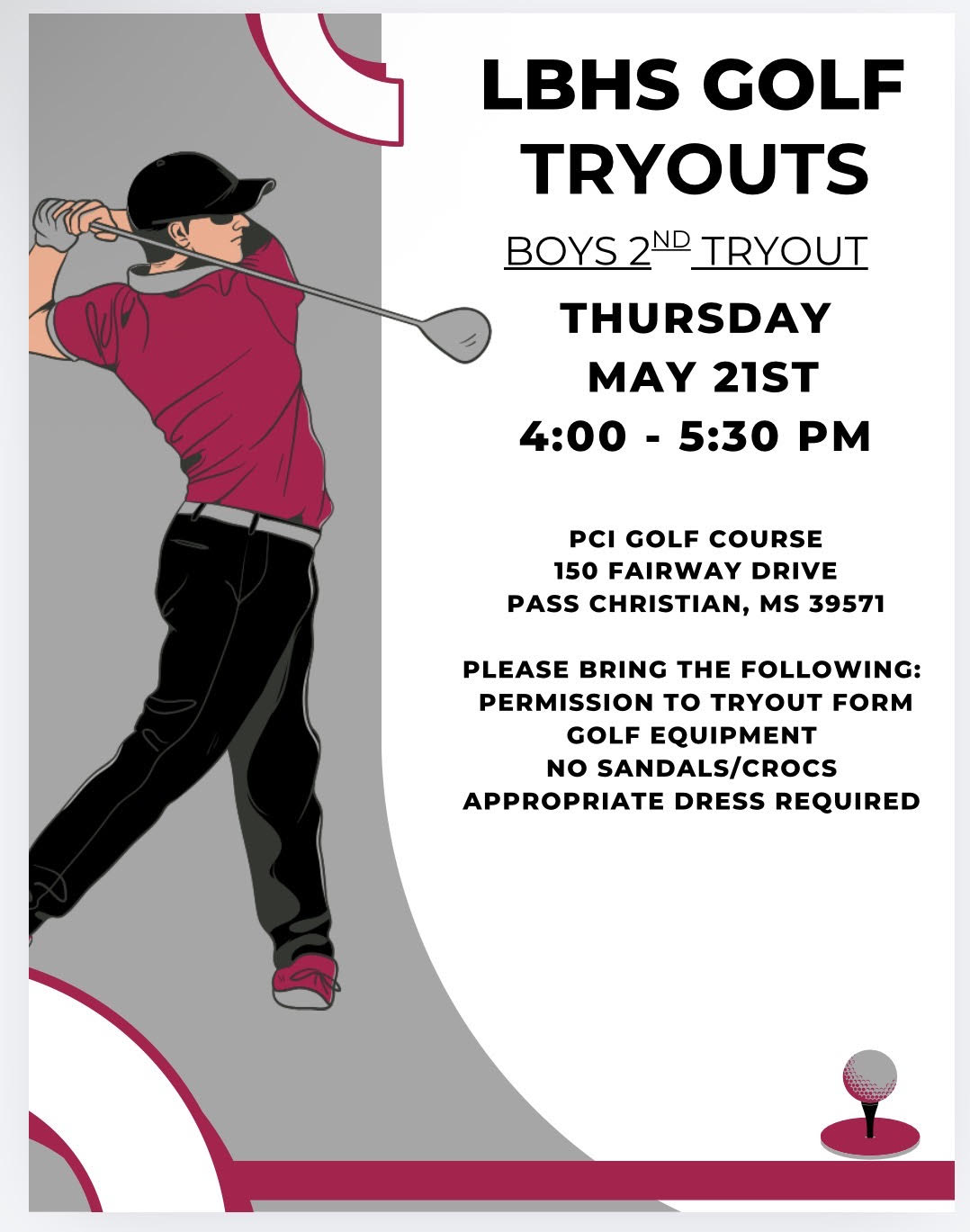 Boys Golf Tryouts May 11th 4pm to 6pm at PCI in Pass Christian